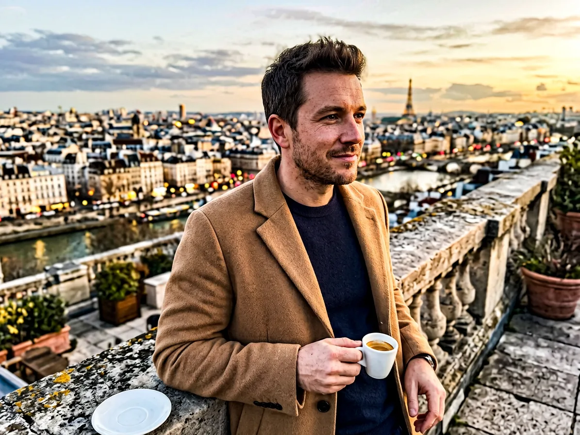Man in a camel overcoat on a stone terrace above a city skyline, a lifestyle photo made with AI