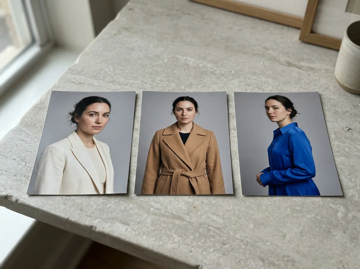 Three lookbook prints of one model in a blazer, an overcoat and a silk shirt dress, made with AI