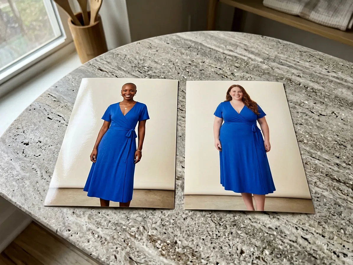 Two prints of one cobalt blue wrap dress worn by two different models, a model swap made with AI