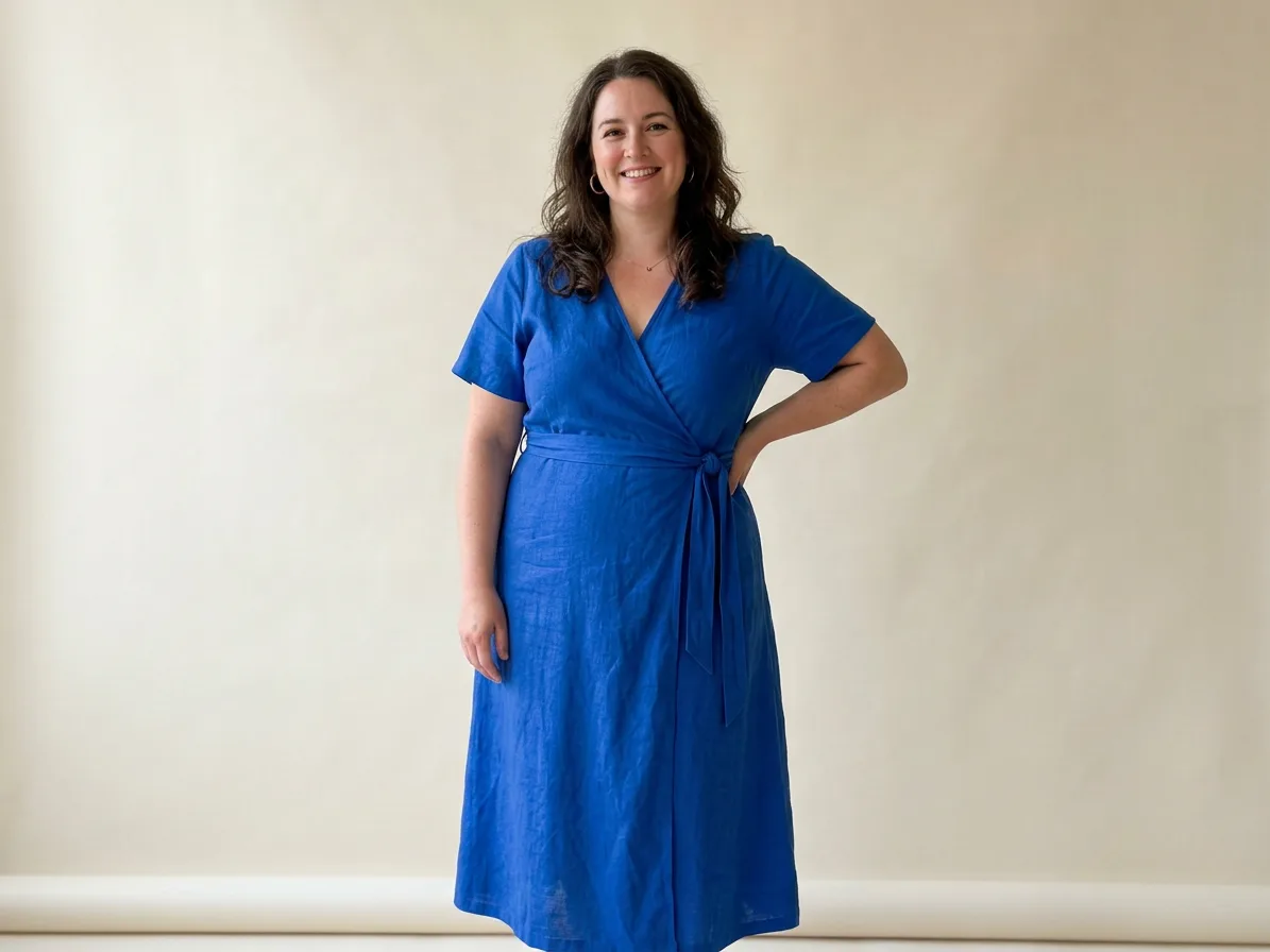Plus-size woman in a cobalt blue wrap dress on an ivory background, an on-model photo made with AI