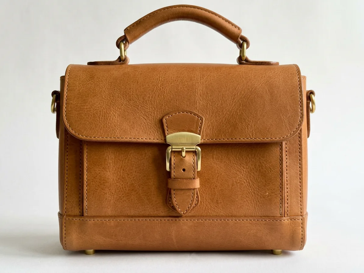 Packshot of a structured tan leather handbag with brass hardware on white, made with AI