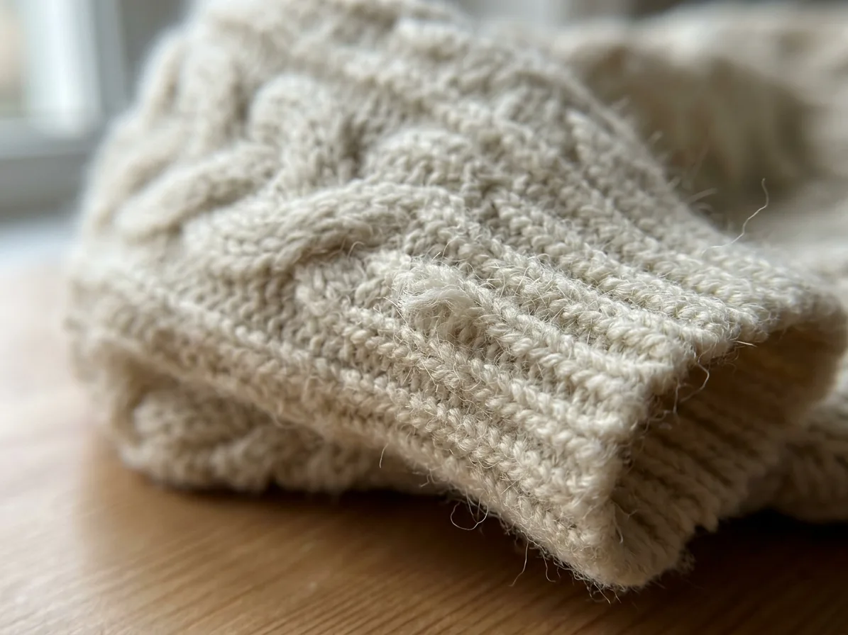 Close-up of the cable-knit at the cuff, single yarn fibres standing off the surface, made with AI