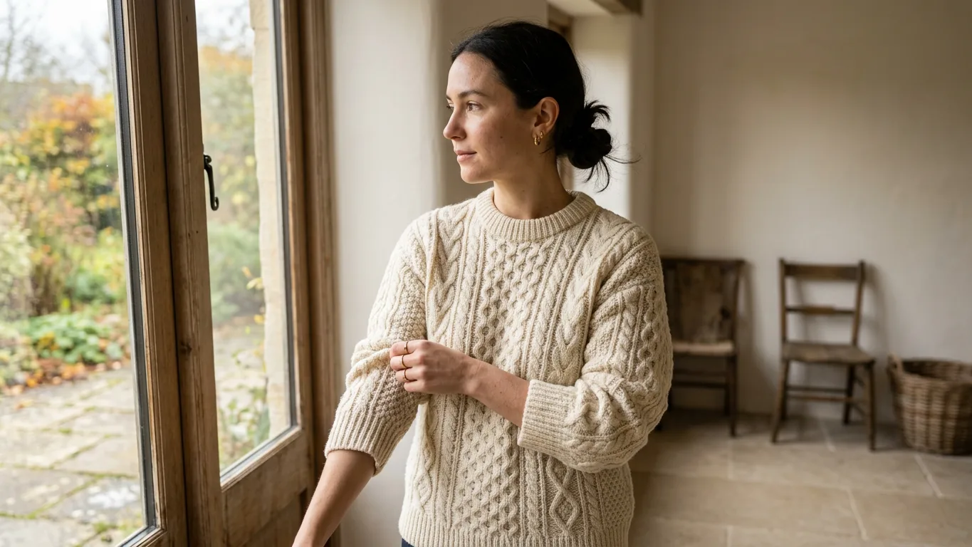 Woman in a cream cable-knit wool sweater beside a tall window, made with AI
