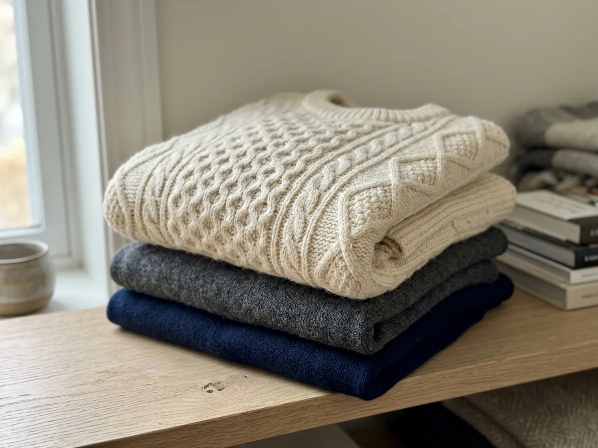 The sweater folded on top of a stack on a pale oak shelf, made with AI