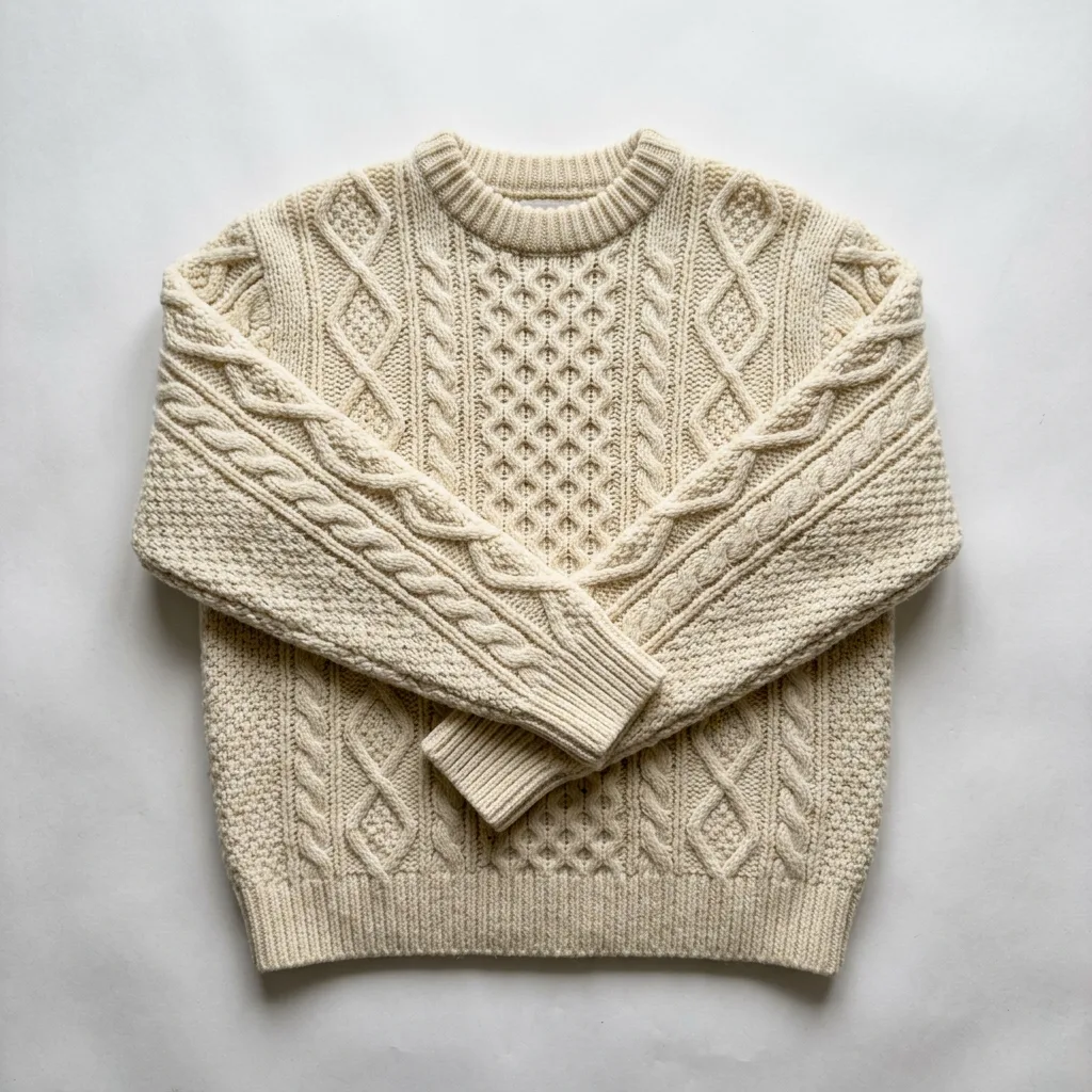 The cream sweater laid flat on white, sleeves folded across the body, made with AI