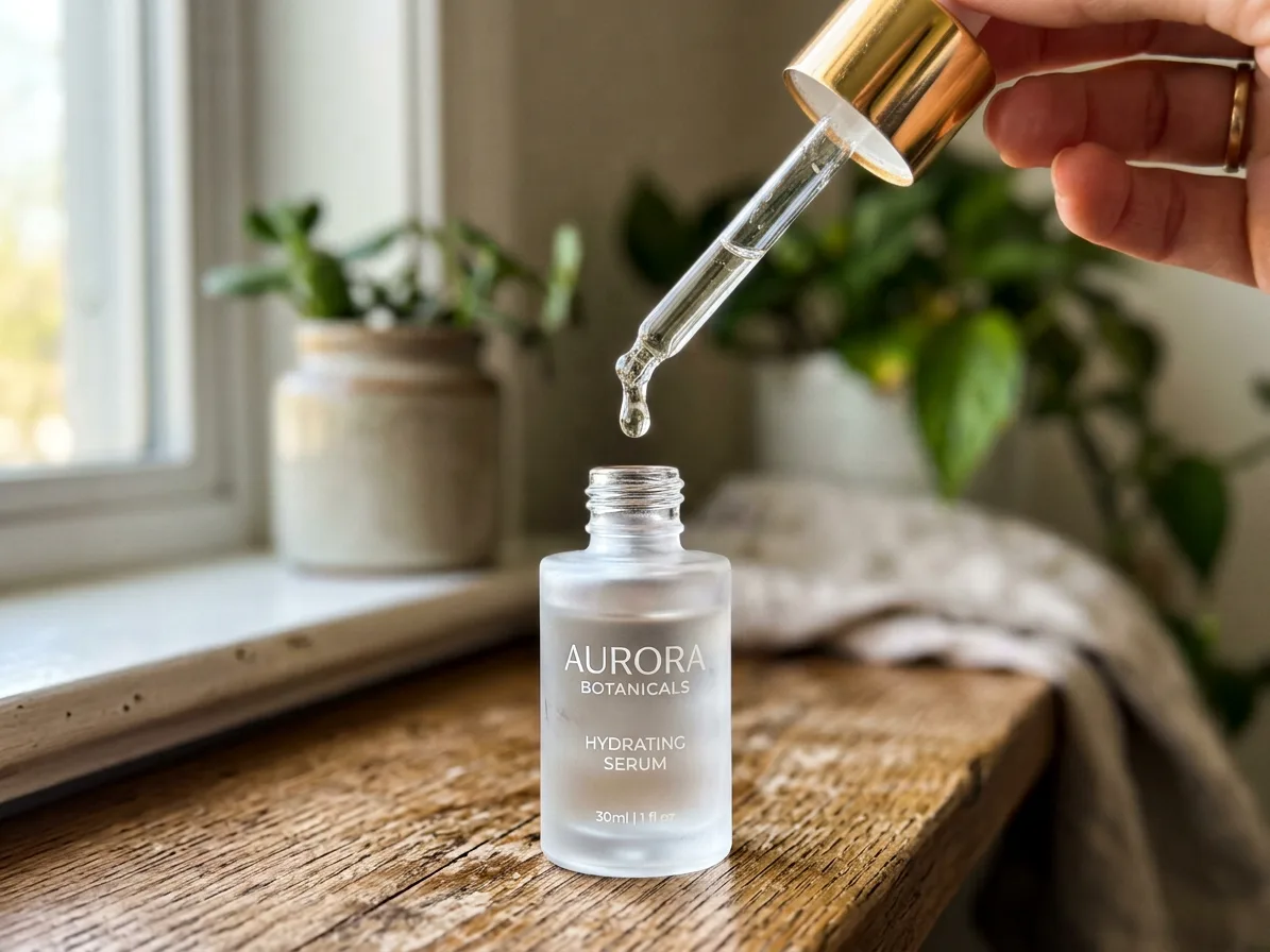 The dropper lifted from the bottle with one drop of serum hanging from its tip, made with AI