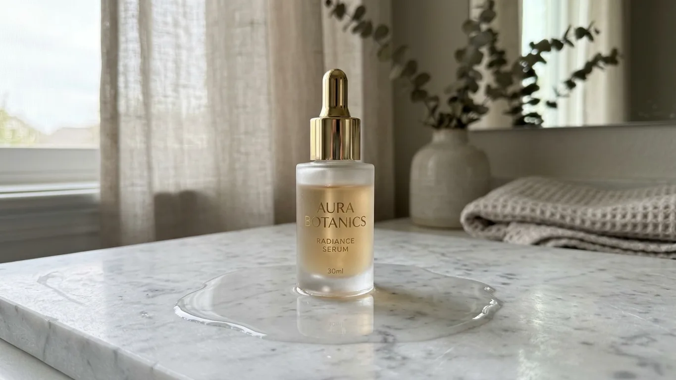 Frosted glass serum bottle with a gold dropper cap on white marble in a pool of still water, made with AI