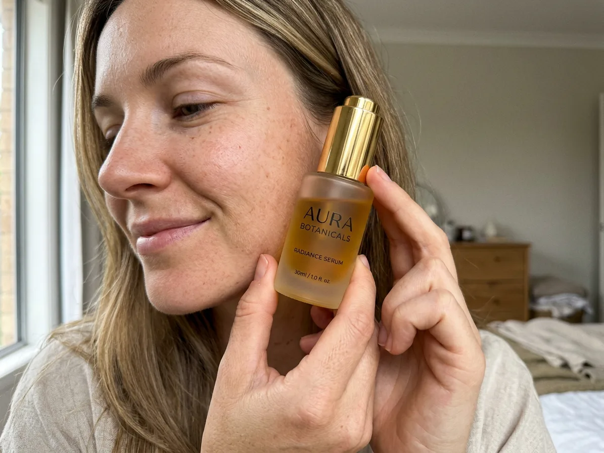 The serum bottle held between a woman's fingers beside her cheek, made with AI