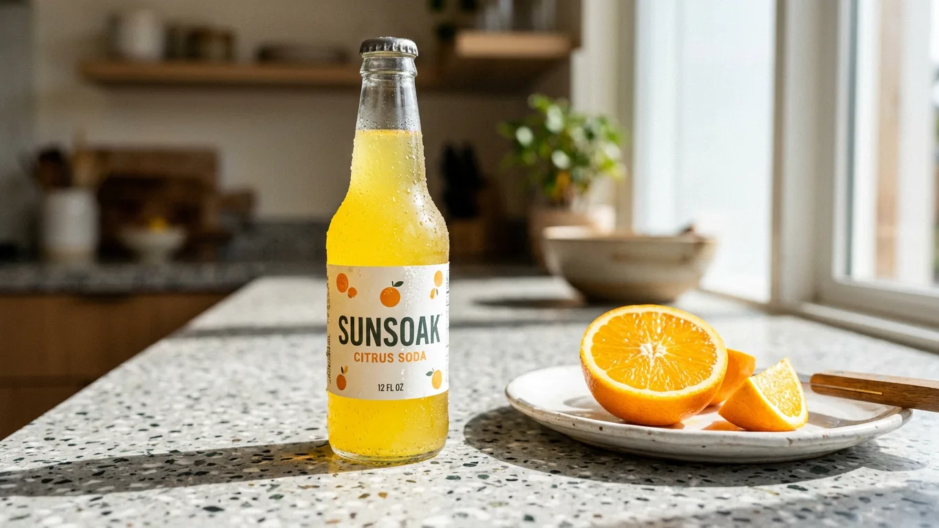 Glass bottle of citrus soda with condensation on a terrazzo counter beside a cut orange, made with AI