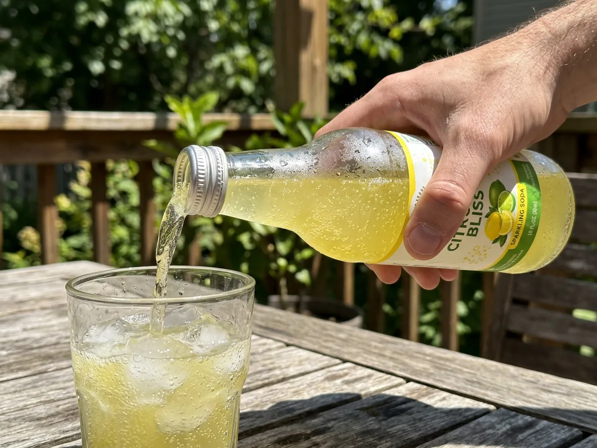 The soda poured into a glass over ice, made with AI