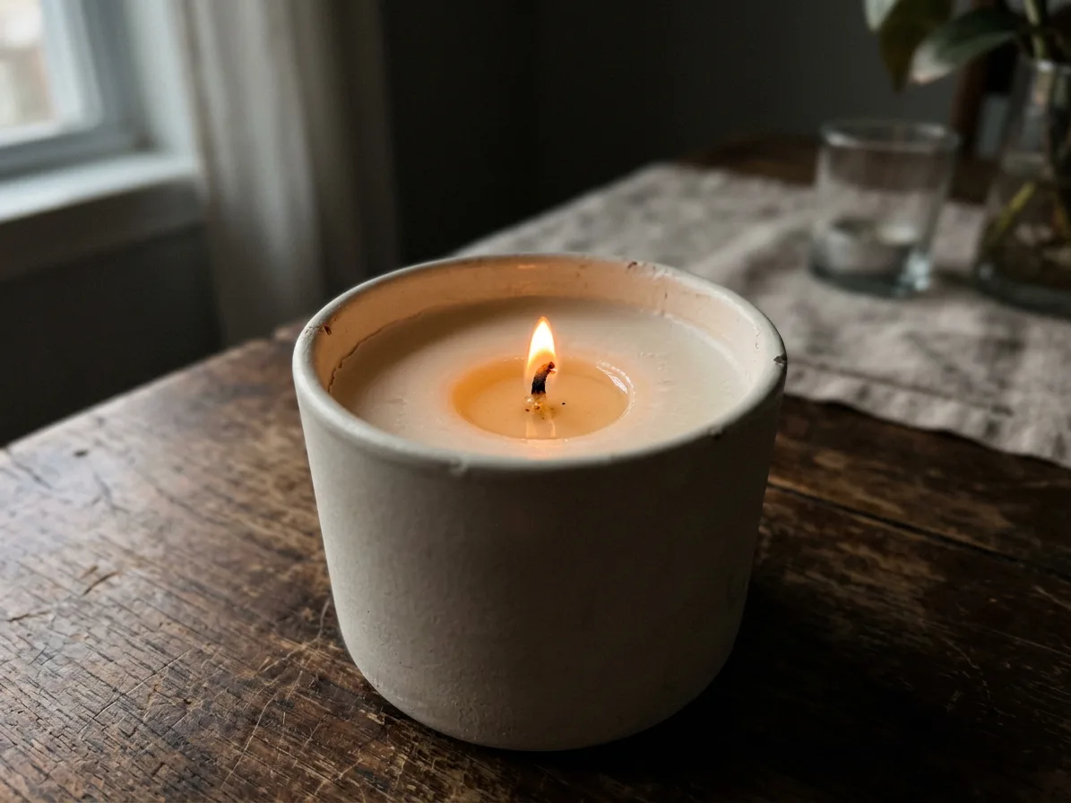 Close-up of the pool of melted wax around the lit wick, made with AI