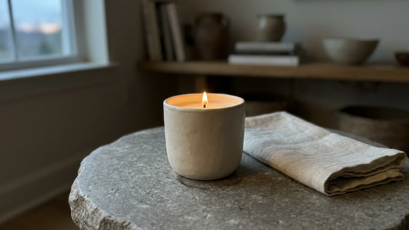 Candle in a matte ivory ceramic vessel, lit, on a stone side table beside a linen napkin, made with AI