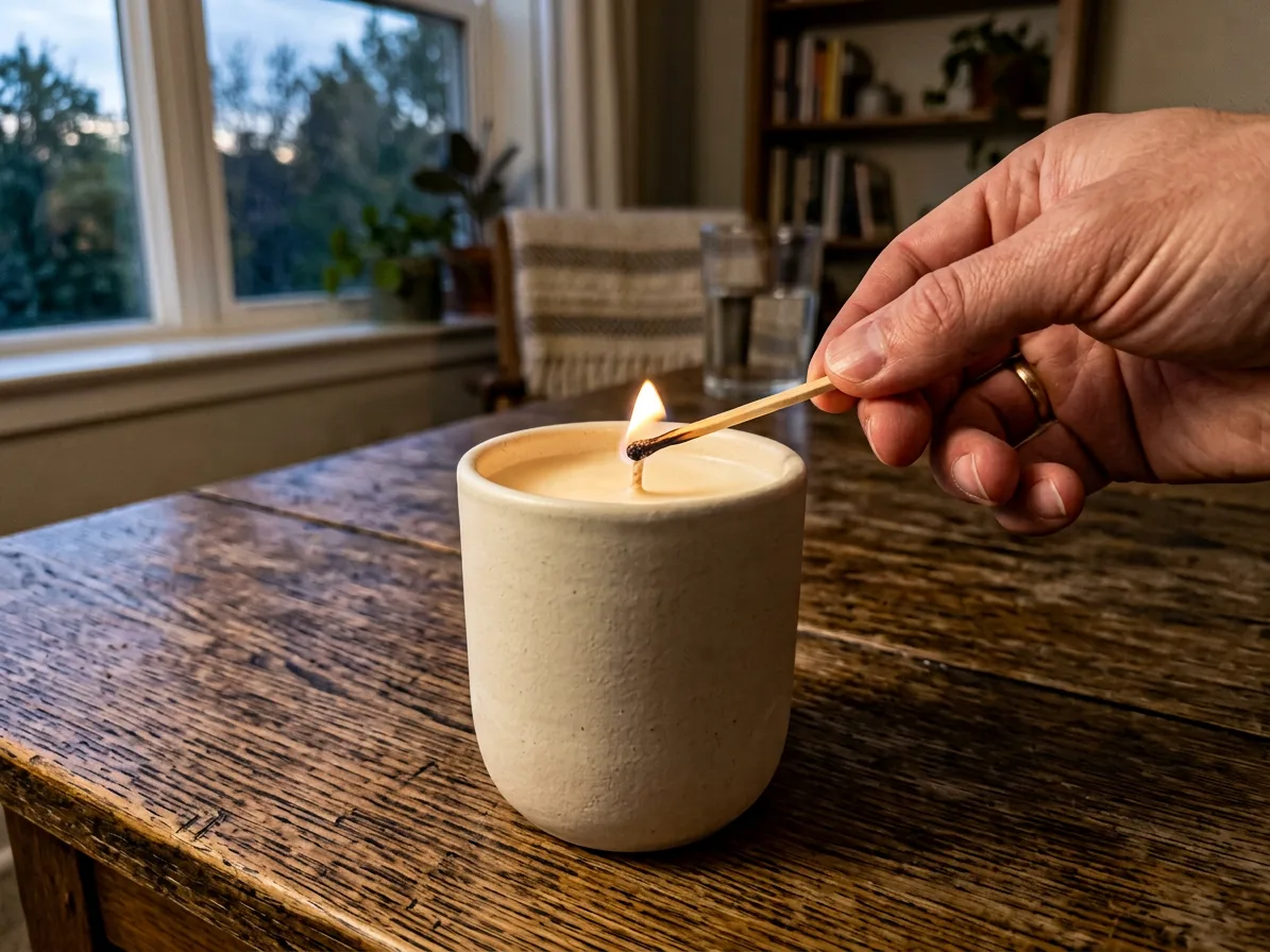 A hand lighting the candle's wick with a long match, made with AI