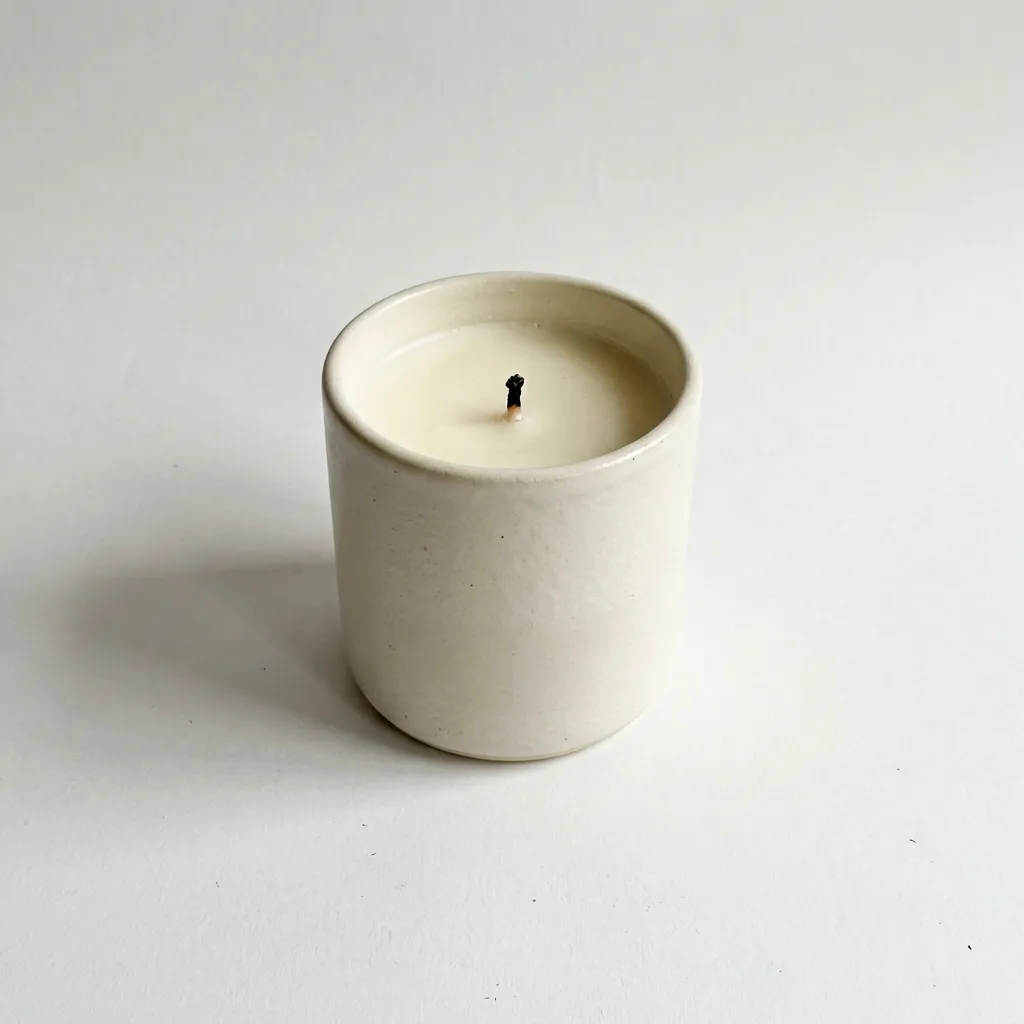 The ceramic candle on white, wick unlit, seen from slightly above, made with AI