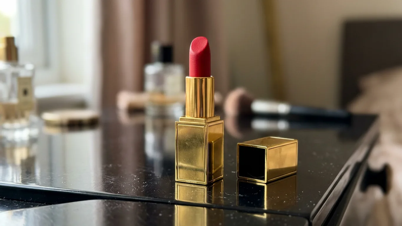 Lipstick in a polished gold case with its red bullet up, on black lacquer, made with AI