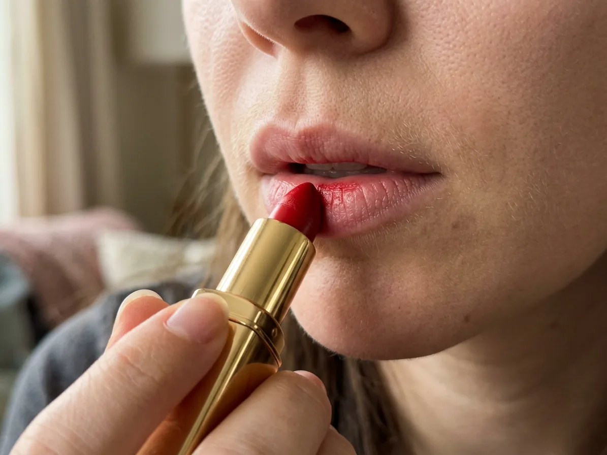 The lipstick held at a woman's lower lip, made with AI
