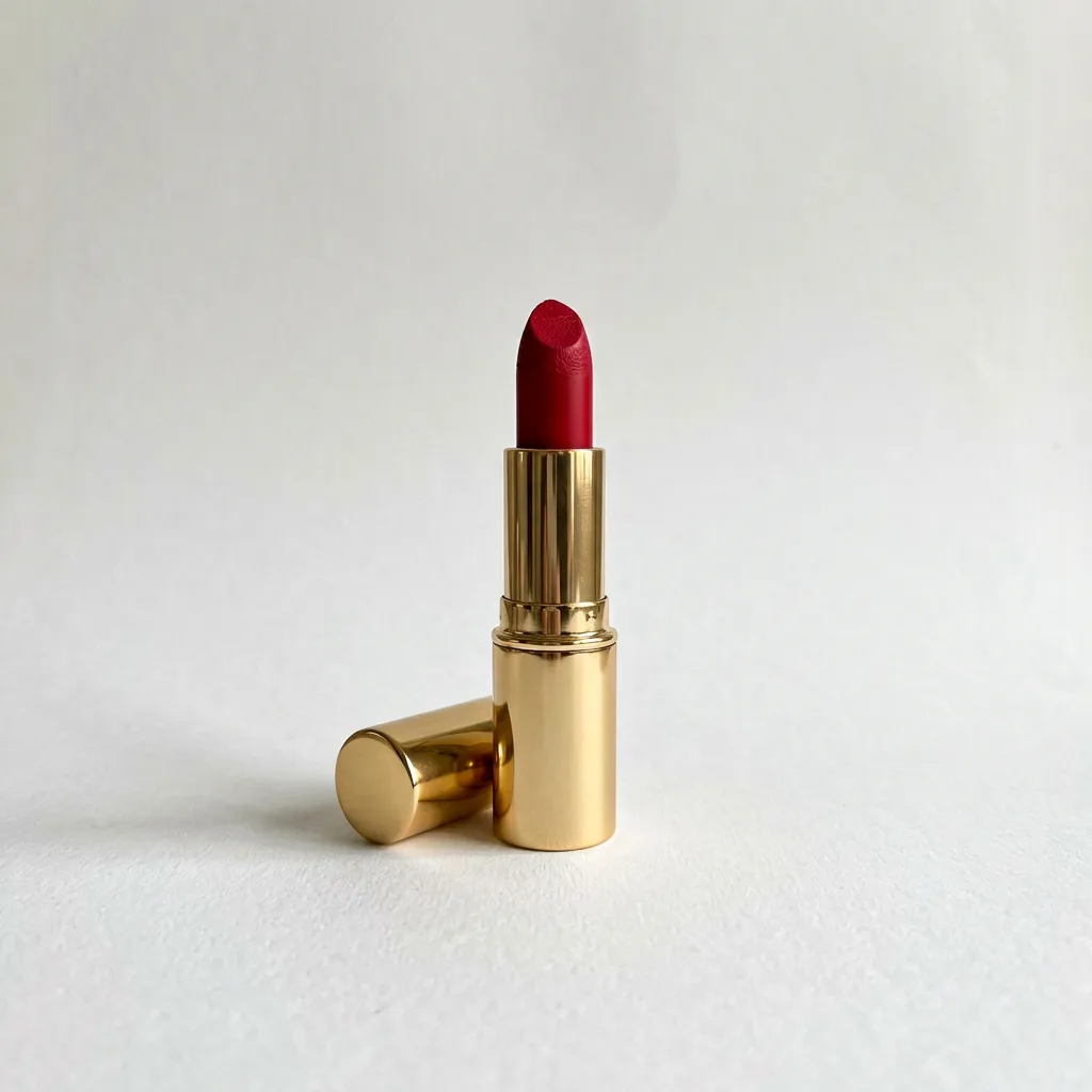The lipstick on white with its cap beside it, made with AI