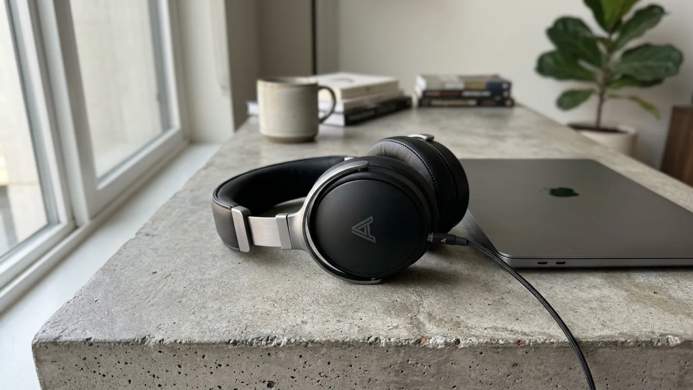 Matte black over-ear headphones with brushed aluminium arms on a concrete desk beside a laptop, made with AI