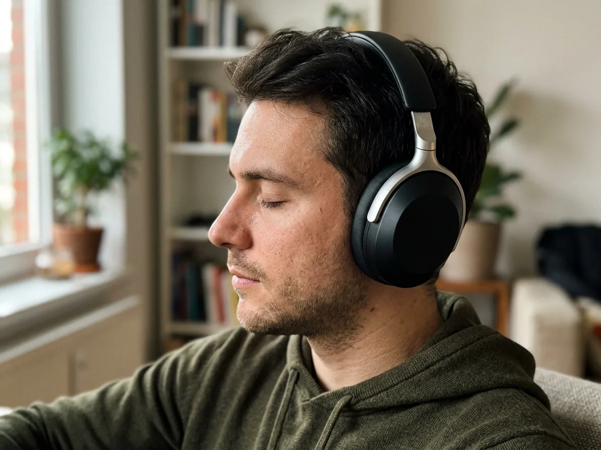 A man wearing the headphones, eyes closed, in three-quarter profile, made with AI