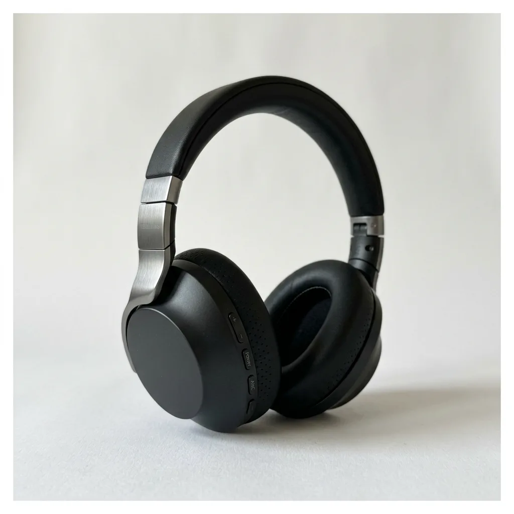 The headphones standing on their ear cups on white, made with AI