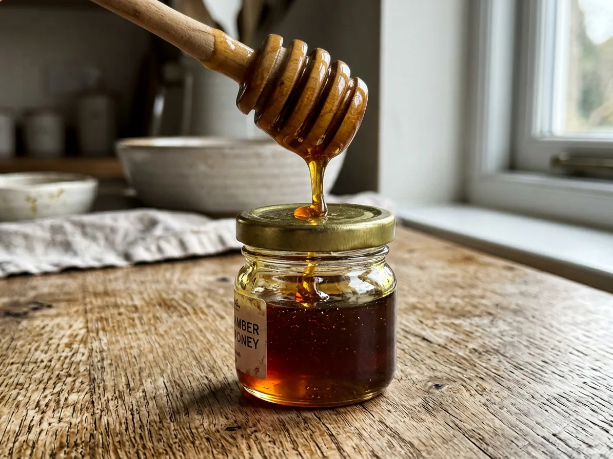 Honey running off the wooden dipper in a single thread, made with AI