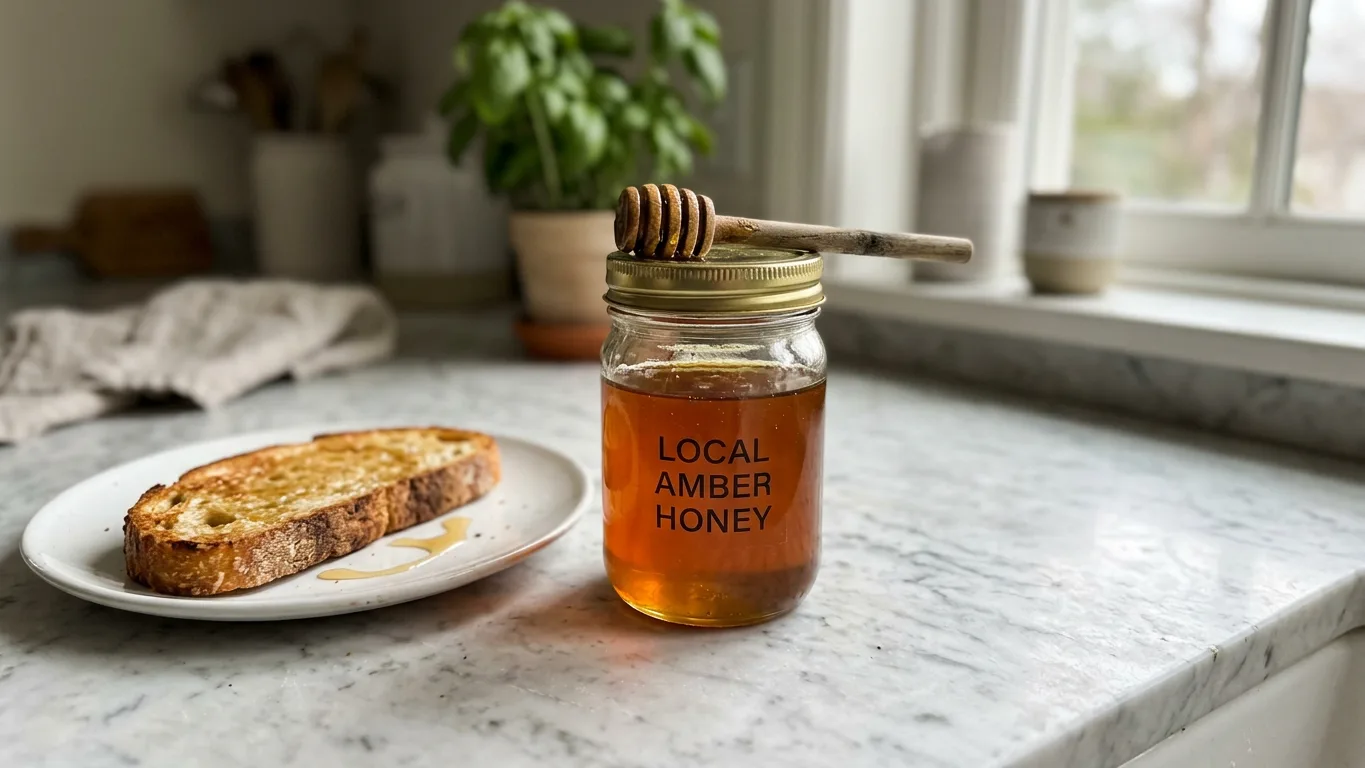 Glass jar of honey with a brass lid and wooden dipper beside toasted sourdough on marble, made with AI