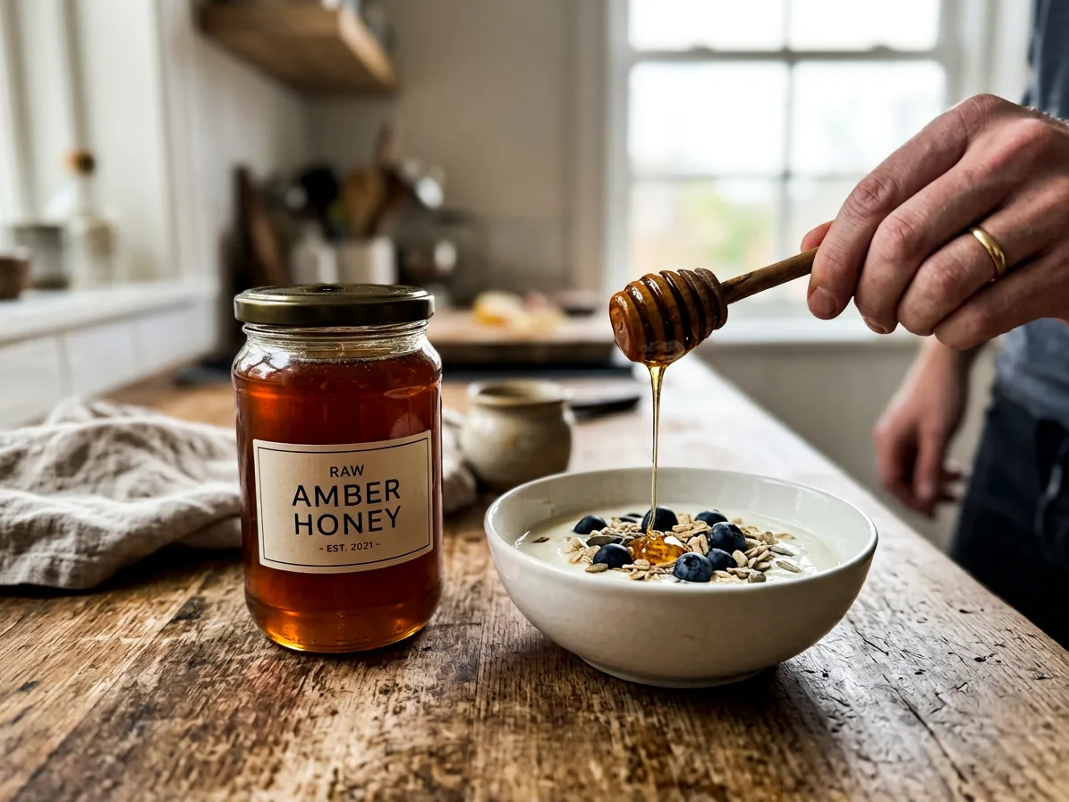 Honey drizzled from the dipper over a bowl of yoghurt, made with AI