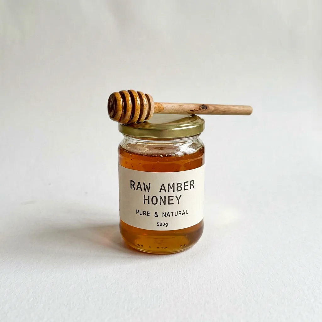 The honey jar on white with the dipper across its mouth, made with AI