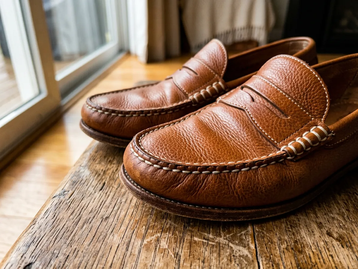 Close-up of the vamp stitching and the leather grain, made with AI