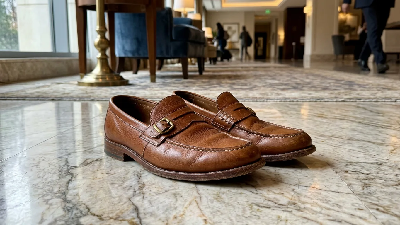 Pair of cognac leather loafers on the marble floor of a hotel lobby, made with AI