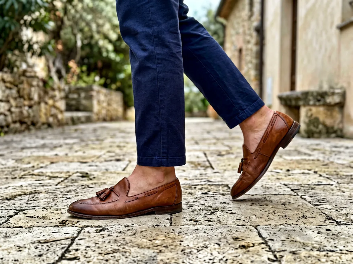 The loafers worn mid-step on travertine paving, framed from the knee down, made with AI