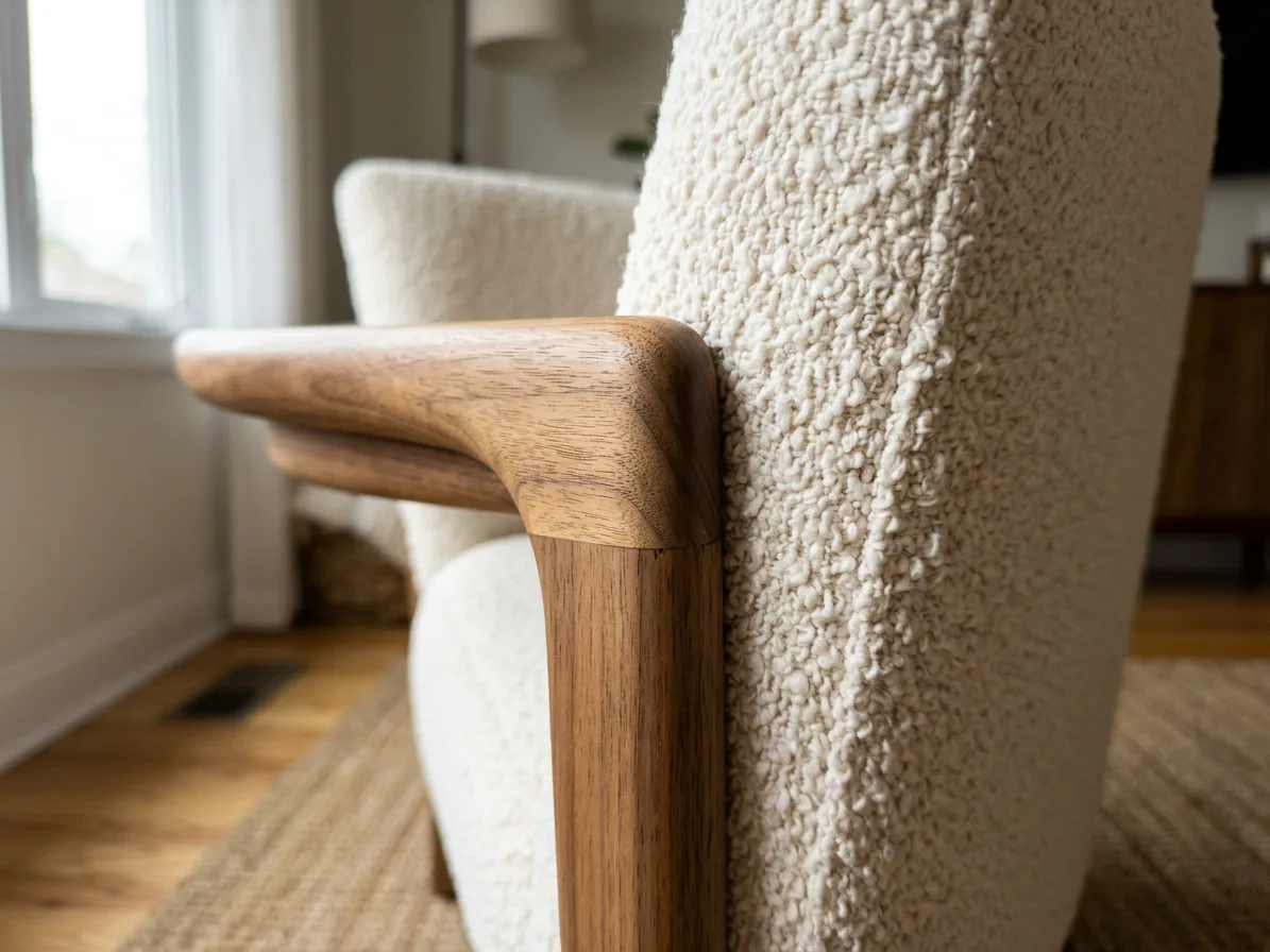 Close-up of the walnut joint and the boucle loops beside it, made with AI