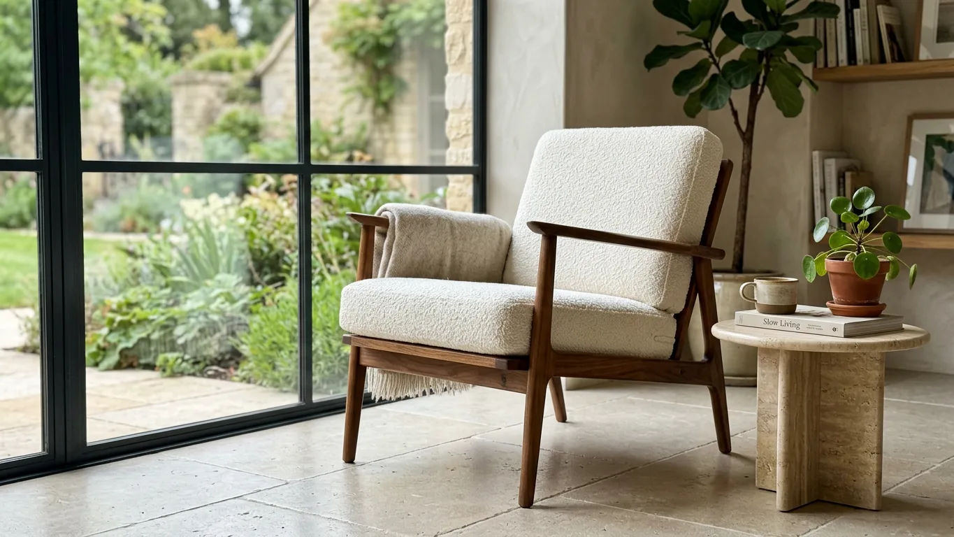 Lounge chair with a walnut frame and ivory boucle beside a tall window, made with AI