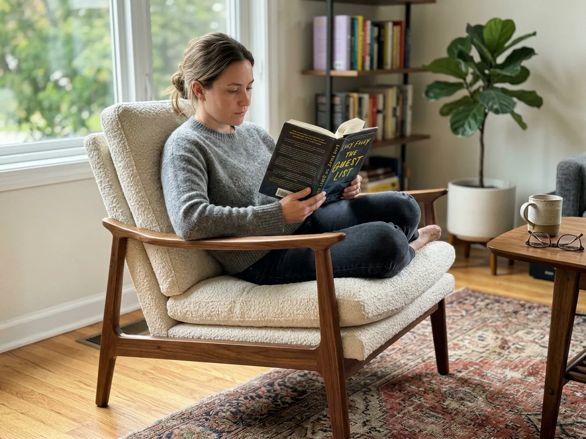 A woman reading in the lounge chair, legs tucked beside her, made with AI