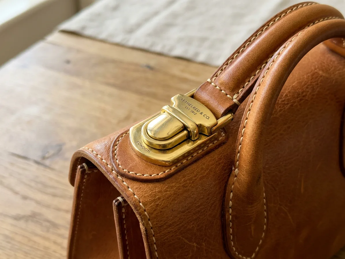 Close-up of the brass clasp and the saddle stitching on the handle, made with AI