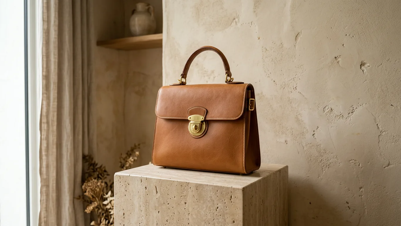 Structured tan leather handbag with brass hardware on a travertine plinth, made with AI