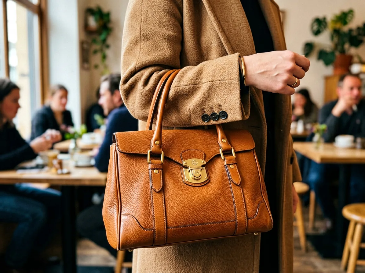 The handbag carried in the crook of a woman's arm, her camel coat sleeve in frame, made with AI