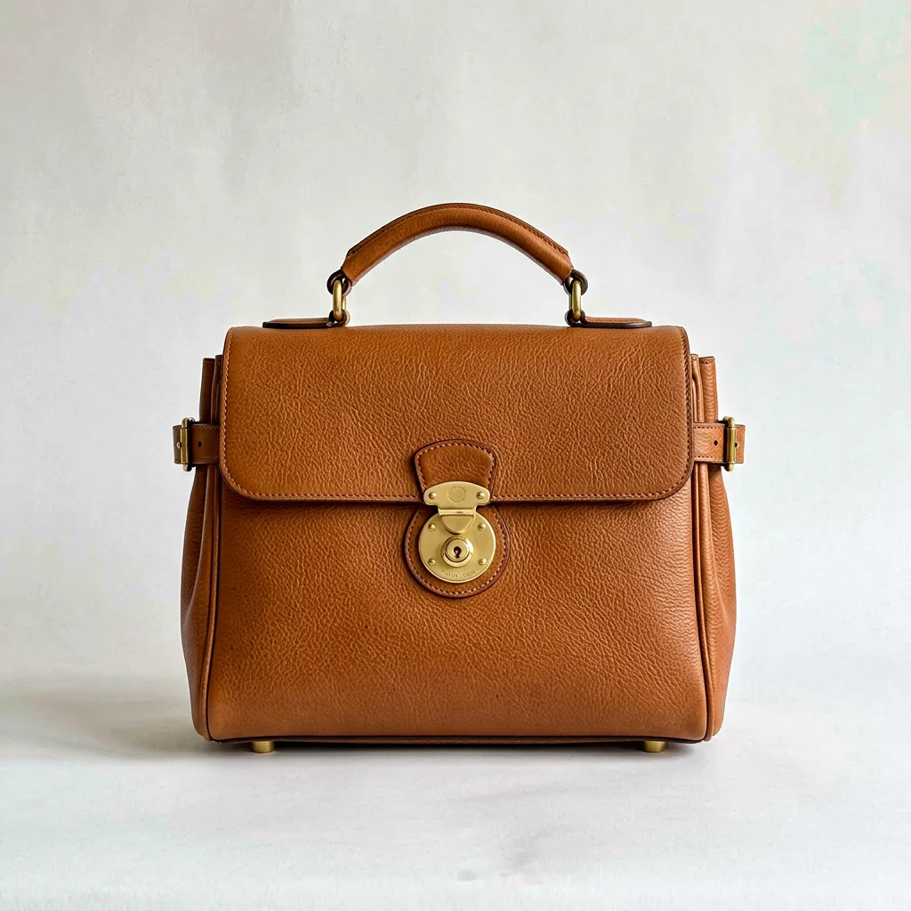 The tan handbag on white, seen straight on at the height of the bag, made with AI