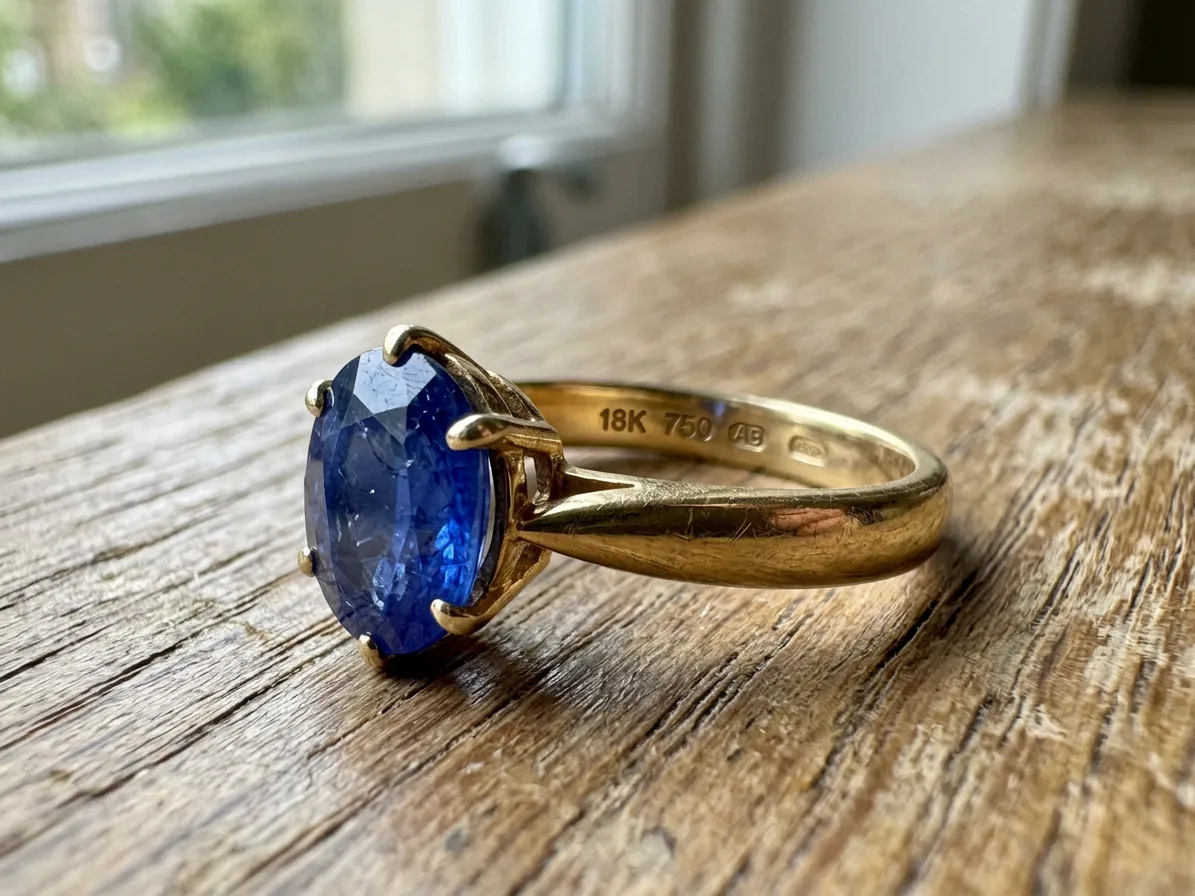 Close-up of the claws holding the sapphire and the hallmark inside the band, made with AI