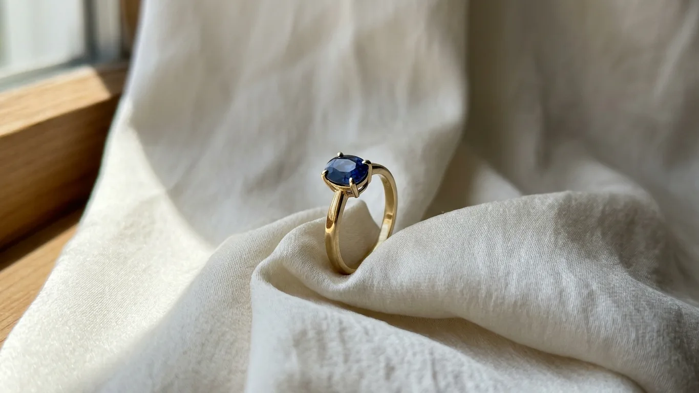 Yellow-gold sapphire ring standing in a fold of ivory silk, made with AI