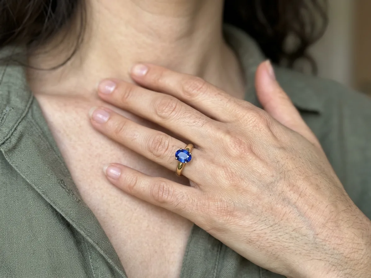 The sapphire ring worn on a woman's finger, her hand at her collarbone, made with AI