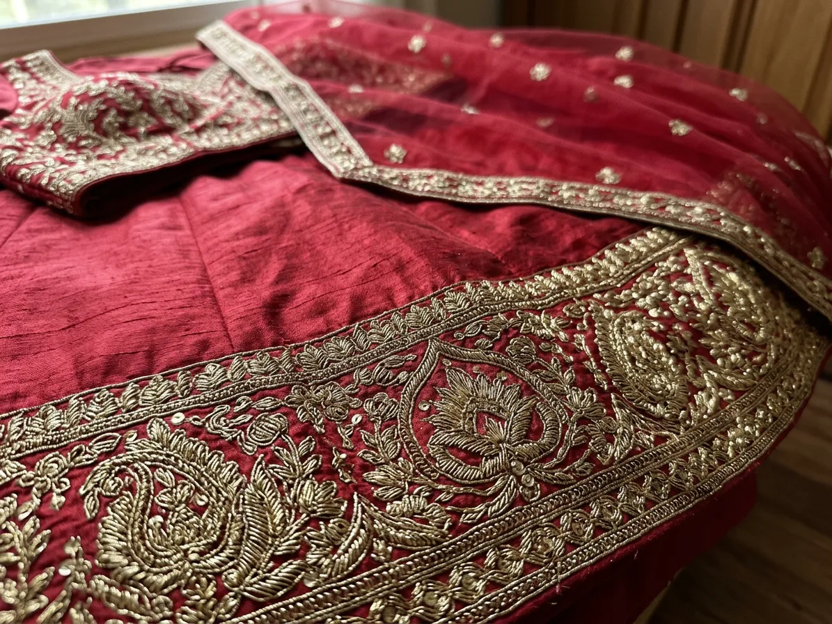 Close-up of the gold zari embroidery along the lehenga's border, made with AI