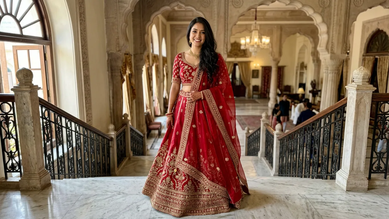 Woman in a red silk lehenga with gold zari embroidery and a sheer dupatta, made with AI