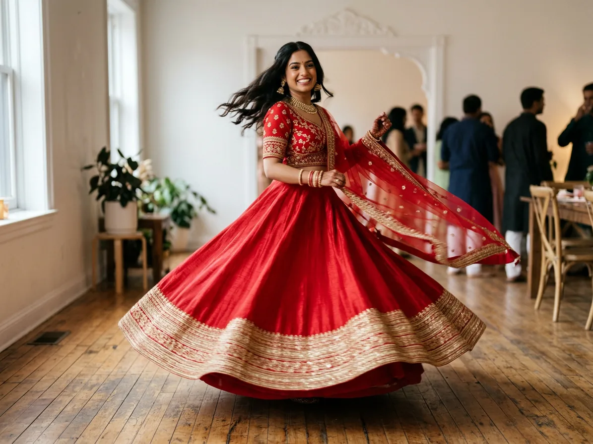 The same model mid-turn, the lehenga's skirt lifted by the movement, made with AI