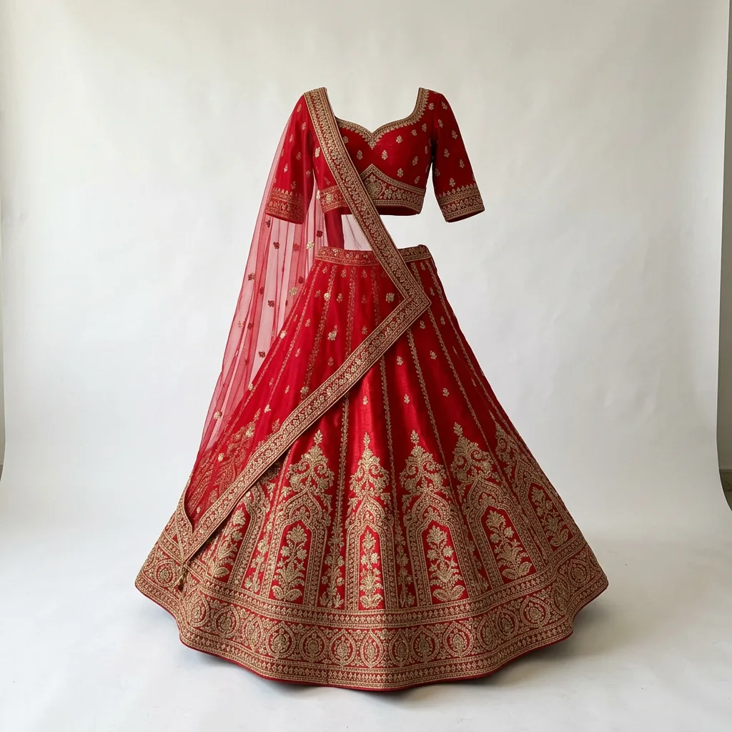 The red lehenga as a ghost mannequin shot on white, skirt at full flare, made with AI