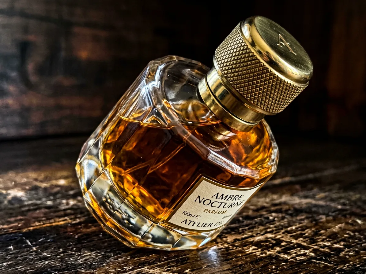 Close-up of the thick glass at the bottle's base and the knurled brass cap, made with AI