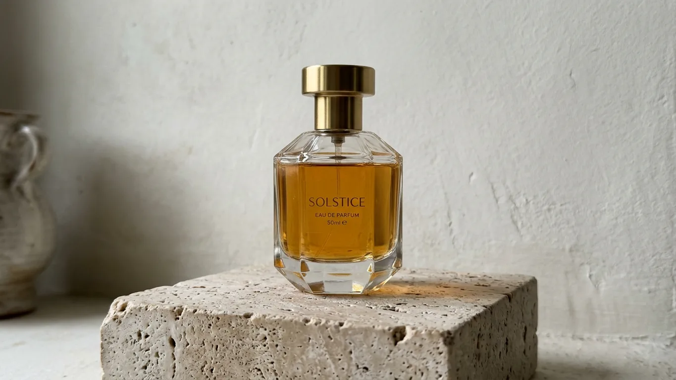 Faceted glass perfume bottle with amber liquid on a travertine plinth, made with AI