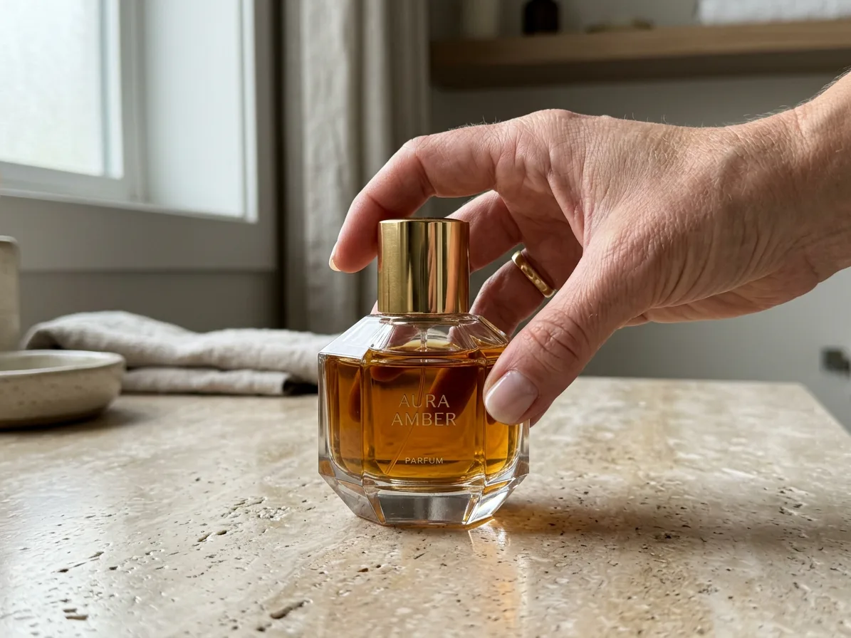 A woman's hand setting the perfume bottle down on travertine, made with AI