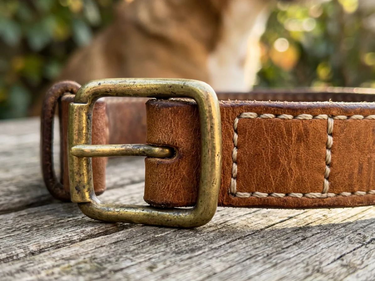 Close-up of the brass buckle and the stitched leather edge, made with AI