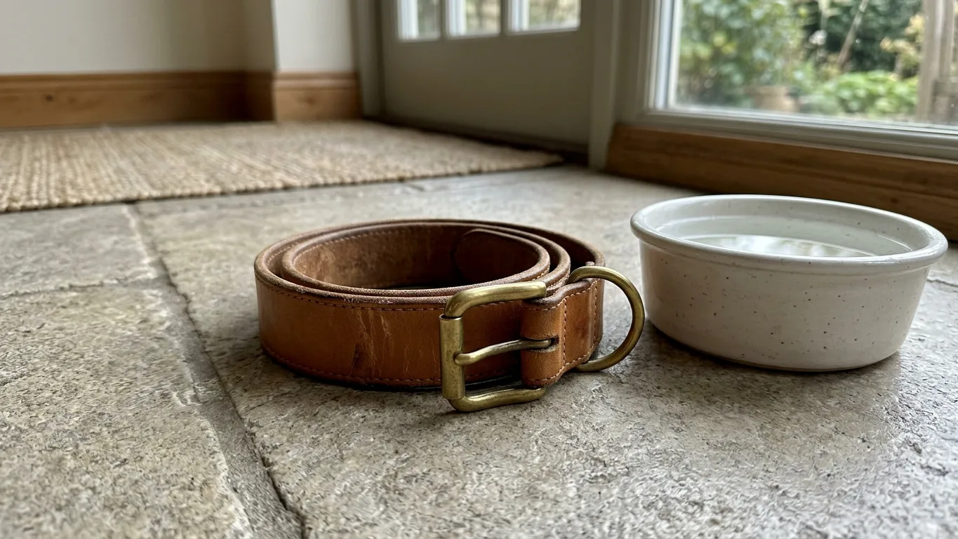 Tan leather dog collar with a brass buckle coiled beside a white water bowl, made with AI